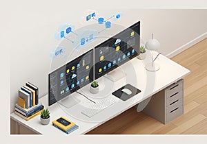 A modern desk setup featuring two