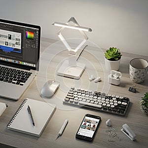 Accessories include a notebook with a pen paper clips and a stapler