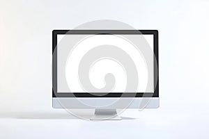 Modern desktop computer with blank white screen on minimalist background