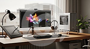Modern Desktop Computer Setup With Creative Digital Display