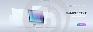 Modern desktop monitor workstation blank computer display digital technology concept gray background horizontal banner