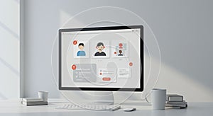 A modern desktop setup with a large computer monitor displaying an interface