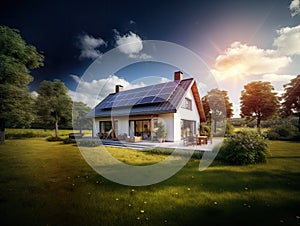 Modern detached house in the countryside with solar panels installed