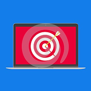 Modern device - laptop, computer or netbook pc flat design with target and arrow on the screen icon vector illustration.