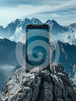 Modern device, smartphone stands against tranquility of high-altitude peaks, symbolizing connectivity everywhere.