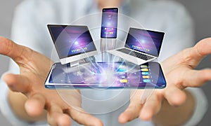 Modern devices connected in businesswoman hand 3D rendering