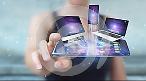 Modern devices connected in businesswoman hand 3D rendering