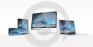 Modern devices with smartphone laptop computer and tablet aligned and isolated on white mockup 3D rendering