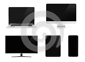 Modern devices with smartphone laptop computer and tablet isolated on white mockup 3D rendering