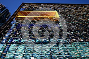 Modern diagonal lattice screened facade of ASB Bank Headquarters, North Wharf, Wynyard Quarter, Auckland, New Zealand