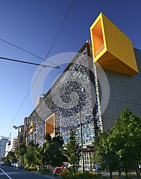 Modern diagonal lattice screened facade of ASB Bank Headquarters, North Wharf, Wynyard Quarter, Auckland, New Zealand