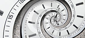 Modern diamond white clock watch clock hands twisted to surreal spiral. Abstract spiral fractal. Watch clock abstract texture patt