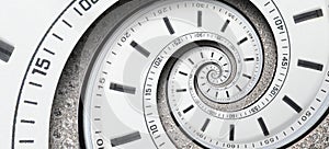 Modern diamond white clock watch clock hands twisted to surreal spiral. Abstract spiral fractal. Watch clock abstract texture patt