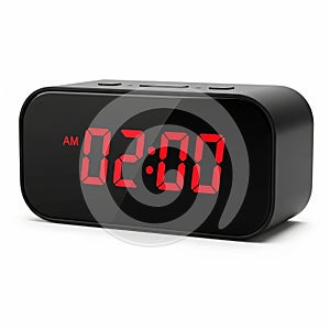 Modern Digital Alarm Clock Displaying 02 00 AM in Bright Red LED Numbers on a Black Surface