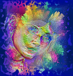 Modern digital art image of a woman's face, close up with colorful abstract background.