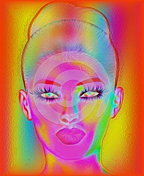 Modern digital art image of a woman's face, close up with colorful abstract background.