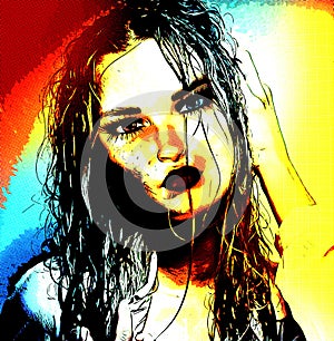 Modern digital art image of a woman's face, close up with colorful abstract background.