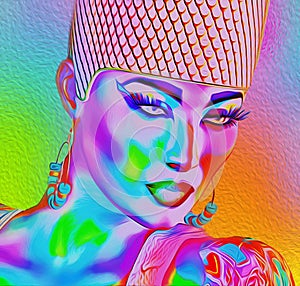 Modern digital art image of a woman's face, close up with colorful abstract background.