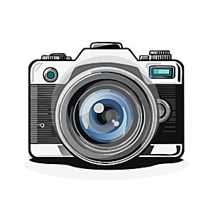 Modern digital camera illustration, front view, lens detail design