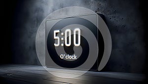 Modern digital clock a dark textured wall background.