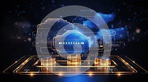 Modern Digital Cloud Concept with Vibrant Hologram and Code Background, technology background, Ai generative