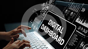 Modern Digital Dashboard Interface with Data Visualizations and User Interaction on Laptop Screen. Asymptotic smart data