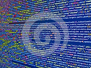 Modern digital data bits of technology, abstract background on monitor. Monitor closeup of function source code. Abstract computer