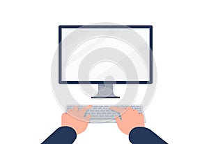 Hands are typing on the computer keyboard. Using digital computer. Vector flat illustration.