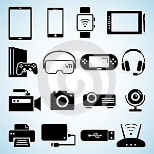 Modern digital devices black icons isolated set