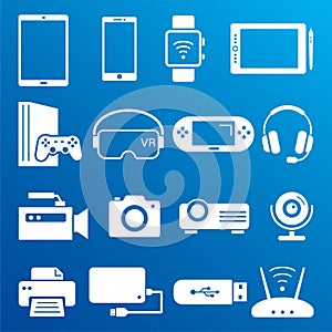 Modern digital devices white icons isolated set