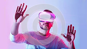 Modern digital entertainment. Man uses virtual glasses