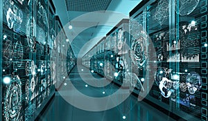 Graph holograms flying over server room data center 3D rendering