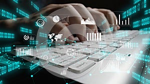 Modern Digital Interaction featuring Hands Typing on Keyboard with Data Visualization Elements and Graphs in Futuristic