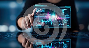 Modern digital interface with data analytics and financial charts displayed on screen isolated on white background