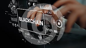 Modern Digital Interface Displaying Blockchain Technology Concept with Data Visualization and Analytics Graphics