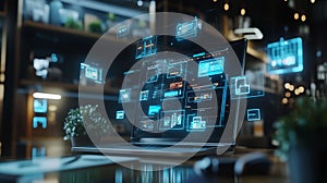 Futuristic Laptop Screen Digital Interface Technology Data Network Modern Blue Neon Code Cyber