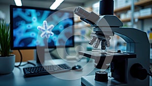 Modern digital microscope analyzes nanotechnology sample on high-resolution display in lab. Tech equipment displays detailed photo