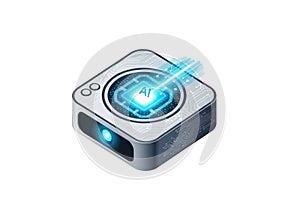 Futuristic digital projector device with glowing blue light beam for presentations and technology