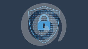 Cybersecurity Shield Icon with Padlock and Binary Code Background