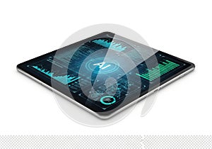 Modern digital tablet displaying artificial intelligence interface and data charts isolated on white background