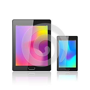 Modern digital tablet PC with mobile smartphone isolated on the white. Abstract fluid 3d shapes vector trendy liquid