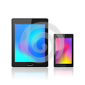 Modern digital tablet PC with mobile smartphone isolated on the white. Abstract fluid 3d shapes vector trendy liquid