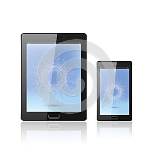 Modern digital tablet PC with mobile smartphone isolated on the white. Molecule and communication background. Science