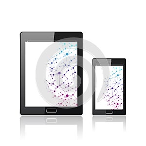 Modern digital tablet PC with mobile smartphone isolated on the white. Molecule and communication background. Science