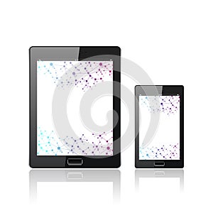 Modern digital tablet PC with mobile smartphone isolated on the white. Molecule and communication background. Science