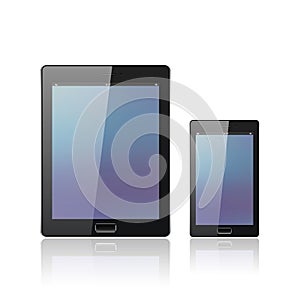 Modern digital tablet PC with mobile smartphone on the white. Android tablet. 3d smartphone. Blue