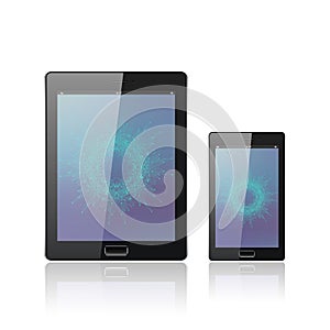 Modern digital tablet PC with mobile smartphone on the white. Molecule and communication background. Science