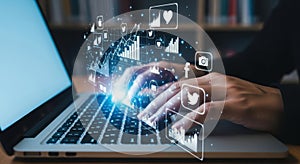 Modern digital technology and data analysis on laptop white background