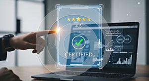 Modern digital technology interface user interaction with futuristic holographic display and laptop data analysis