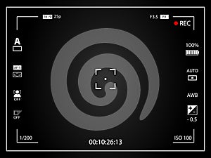 Modern digital video camera focusing screen with settings. Black framed gradient viewfinder camera recording